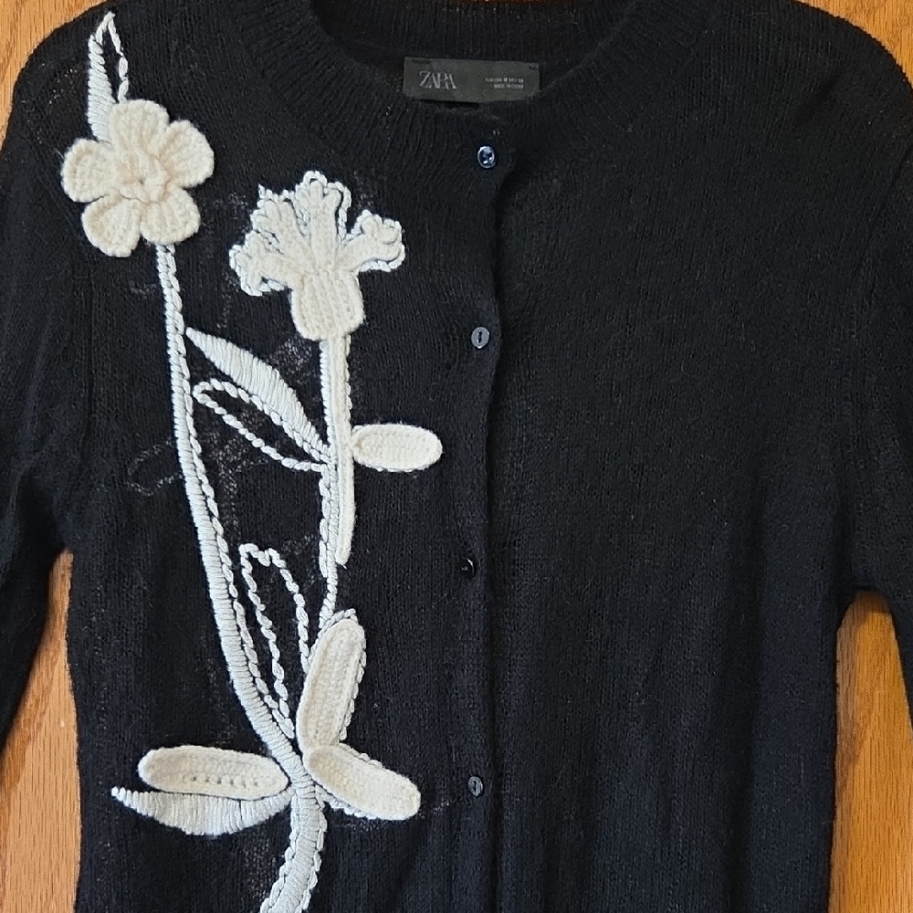 Zara Black Lightweight Cardigan with Cream Floral Design